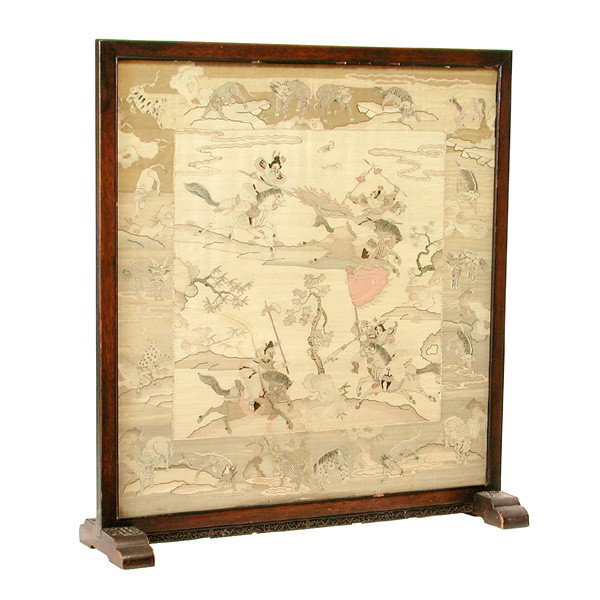 Chinese Silk & Gold Embroidery Floor Standing Scre: SCREEN. Chinese silk embroidery with gold thread, battle scene between warriors, Chinese rosewood floor stand with Chinese characters written on feet, panel 35" by 33" and 39"T by 36"W overall, in goo
