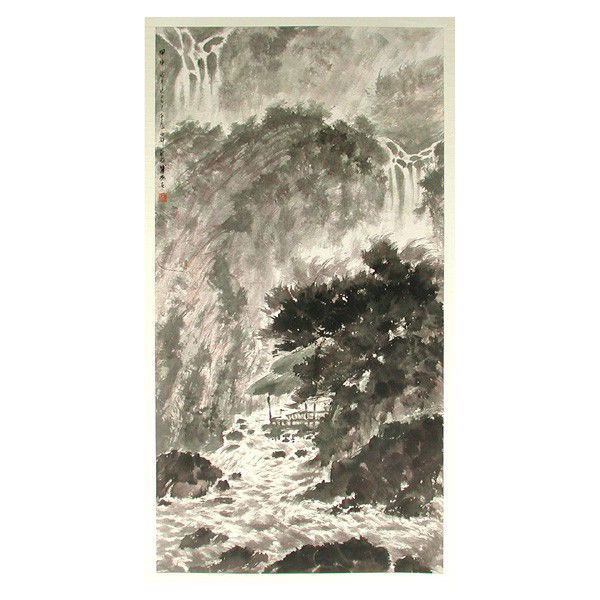 Chinese Painting 'Waterfall', signed Fu Baoshi: PAINTING. Chinese Painting 'Waterfall', signed Fu Baoshi. Hanging scroll, inscribed and signed with one seal of the artist, size 56"h by 29"w.