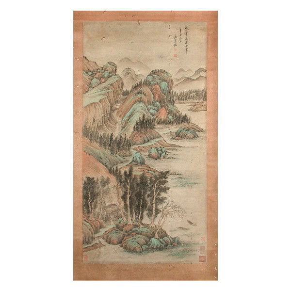 Chinese Painting, After Jian Wang Landscape: PAINTING. After Jian Wang, Chinese landscape, image 50 1/2" by 25 1/2", good condition with some insect damage.