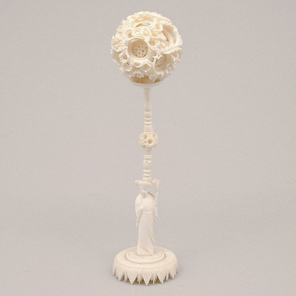 Chinese Carved Ivory Ball/Stand, 10" tall: CARVING. Chinese Carved Ivory Ball on Stand, the multi-layered balls with movable center supported on pedestal stand, height 10".