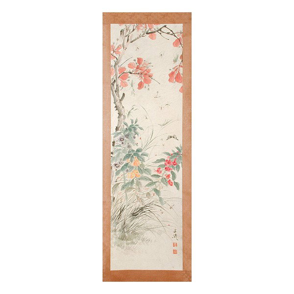 Chinese Painting, Wang Xuetao: PAINTING. Chinese painting signed Wang Xuetao, flowers and insects, 40 1/4" by 11 3/4", very good condition.
