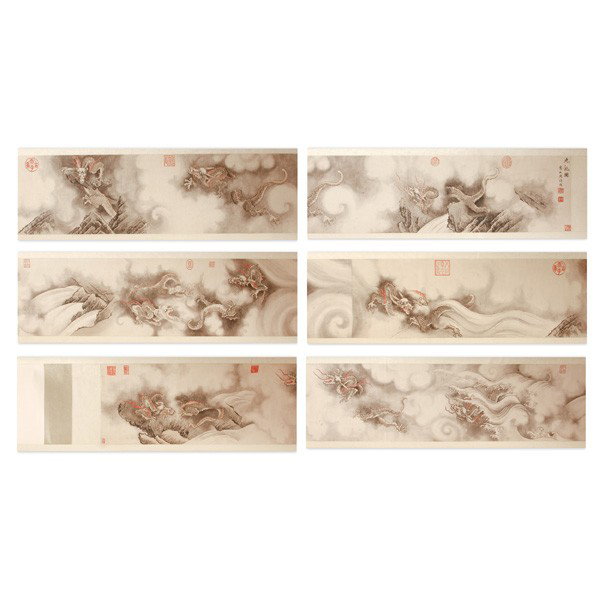 Chinese Painting, Zhou Xun: PAINTING. Chinese painting signed Zhou Xun, nine dragons, 15' 5" by 10 1/4", very good condition.
