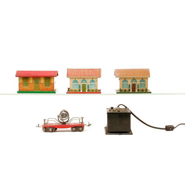 Lionel No. 48(2), 90, 620: TRAIN PARTS. Lionel train parts including: Whistle Station 48, Whistle Station, (Transformer Station) 48, Station 90, Searchlight Car 620, Transformer (110W) R.