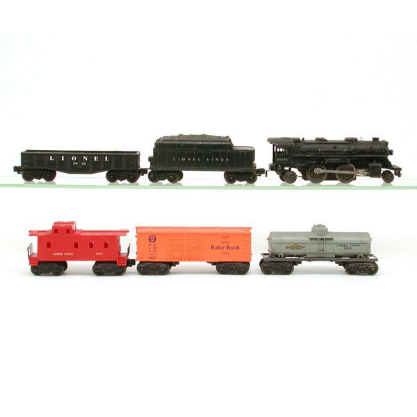 Lionel No. 2034, 6032, 6034, 6035, 6037: TRAIN. Lionel train set including: Ste+T 2034, Gondola 6032, Box 6034, Tank 6035, Caboose 6037.