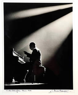 Herman Leonard, Duke Ellington, Paris. 1958 Photograph: Herman Leonard, Duke Ellington, Paris. 1958 Photograph. Signed in the margin lower right and titled and dated in the margin lower left. Image size: 12 1/2" x 9 3/4"; Frame: 21 1/2" x 17 1/2". Not exam