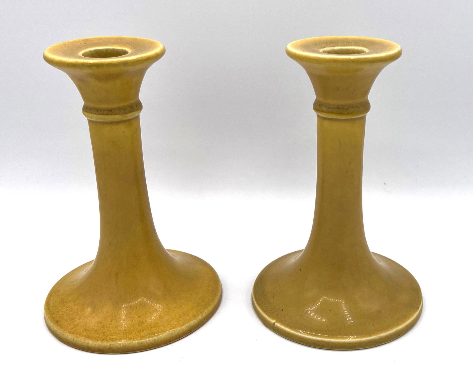 Pair Rookwood matte yellow glazed pottery candlesticks (1 of 4)