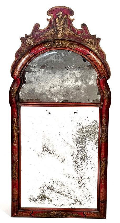 19th c. Red Lacquer Wall Mirror in two sections (1 of 2)