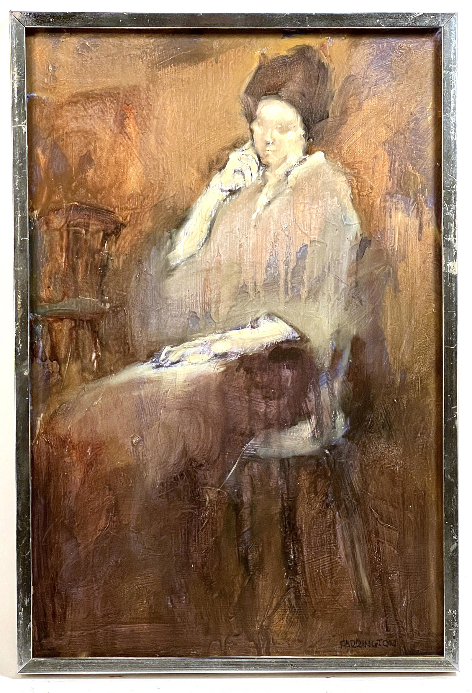 Reed Farrington, Seated Woman, oil on board: Reed Farrington, Seated Woman, oil on board, signed "Farrington" lower right. 18" x 11 3/4"; Frame: 18 1/2" x 12". Very good condition.