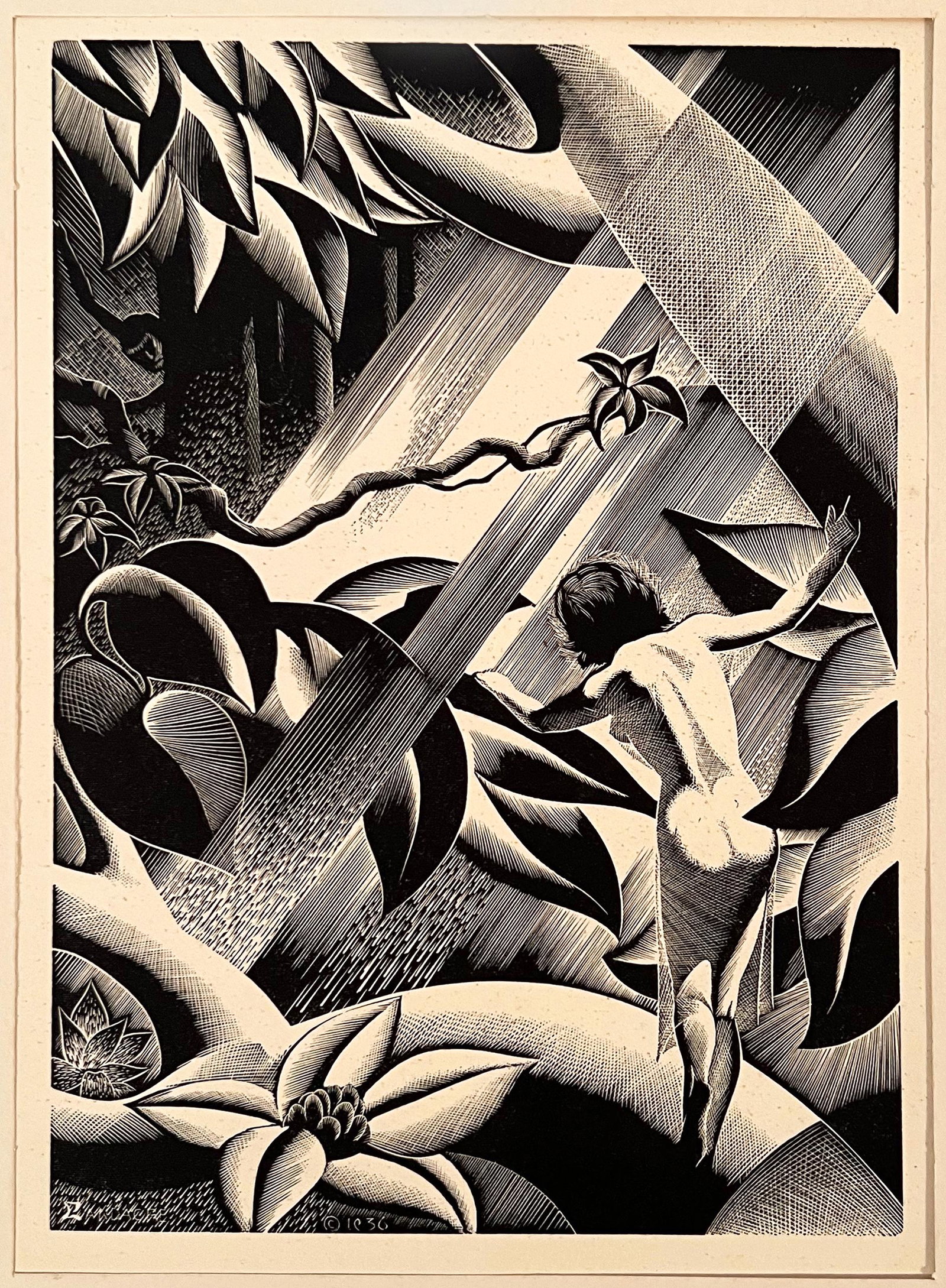 Paul Hambleton Landacre, Rima, wood engraving: Paul Hambleton Landacre (American, 1893-1963) "Rima," wood engraving, 8.5" x 6", unsigned, as intended, unframed, published by American Artists Group, New York, In original folio; Sheet size: 18" x 13