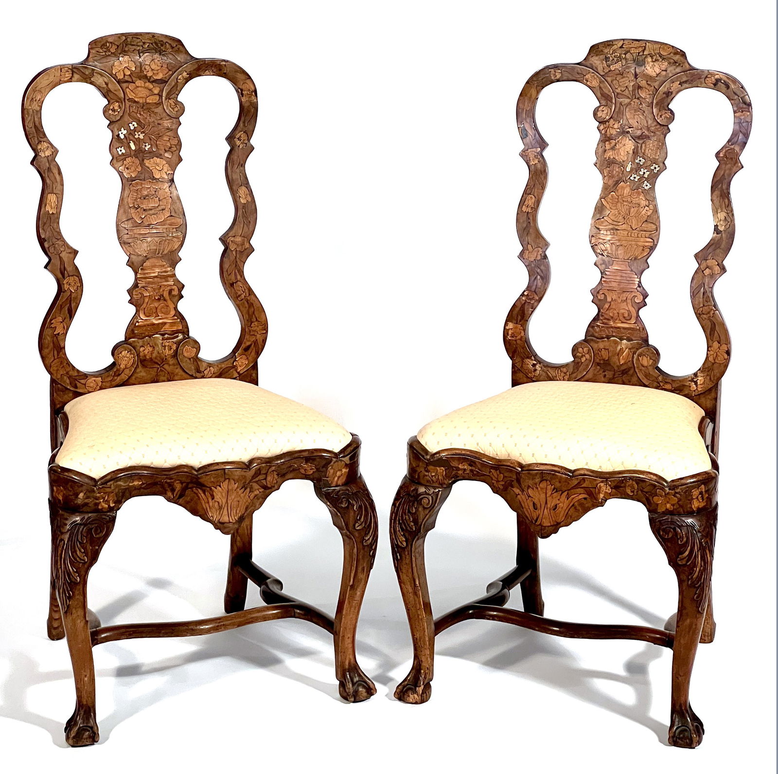 Pair of Dutch marquetry chairs, 18th c, Queen Anne taste (1 of 4)