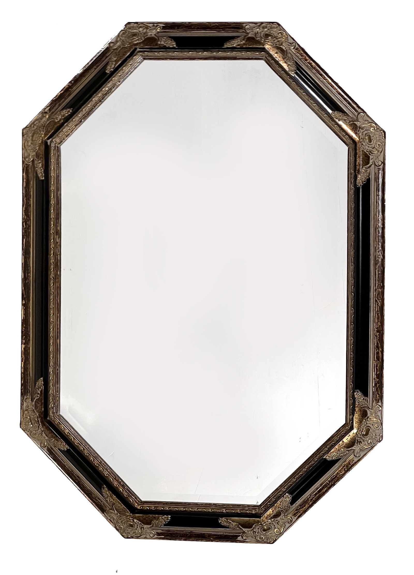 Octagonal beveled mirror, ebonized and gilt frame (1 of 2)