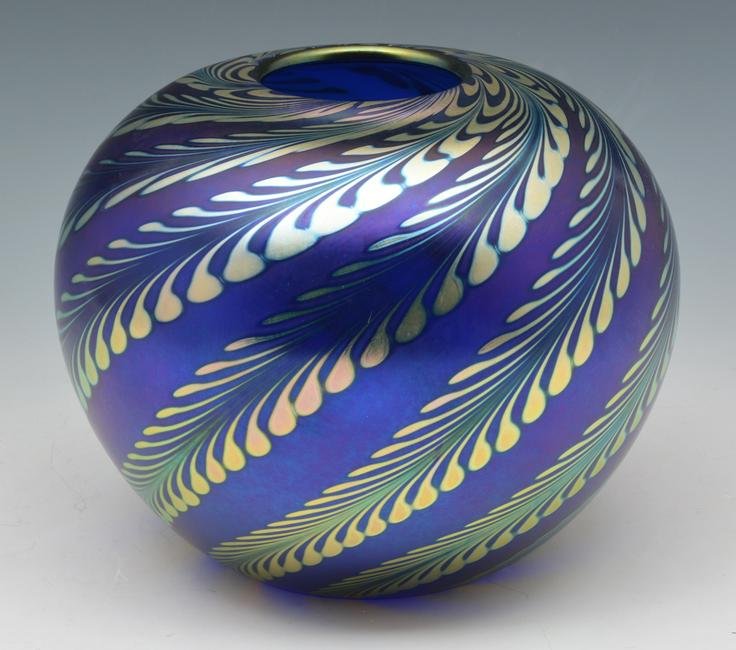 Steven Correia Blue & Gold Swirl Art Glass Vase: Steven Correia Blue & Gold Swirl Art Glass Vase. Signed. Approx. 6 3/4"t x 8"d. Very good condition.