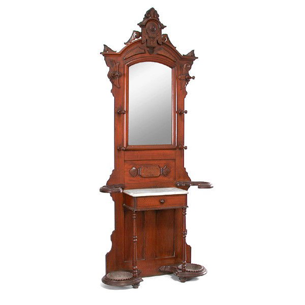 American Victorian Renaissance Revival Hall Tree: HALL TREE. American Victorian Renaissance Revival hall tree, having marble top above glove drawer, retaining original hangers and original cast iron ornate umbrella drip pans, 90"h x 38 1/2"w x 12"d.