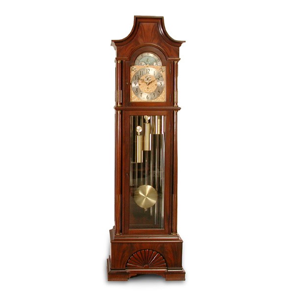 Herschede Mahogany Case Tall Clock: TALL CLOCK. Herschede mahogany cased tall clock, having Westminster, Canterbury, and Whittington chimes, nine tubes, a moon phase calendar dial with ship and moon, the case flanked by fluted columns, 