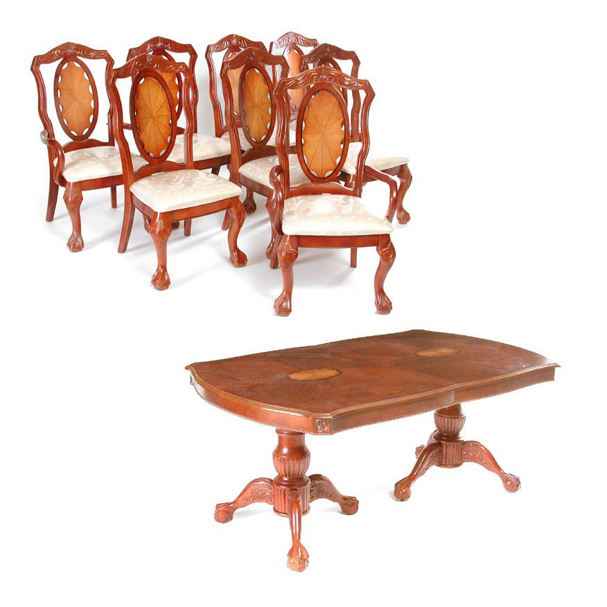 Inlaid Dining Suite, Table and 8 Chairs: DINING SUITE. Dining suite including table and 8 chairs, the table having a shaped top, with a double pedestal base rising on ball and claw feet, the suite having a radial, pinched shell inlay motif t