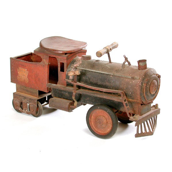 Old Toy Train: TRAIN. Old toy train, painted metal and wood, 26"l. In fair condition, rust, wear.
