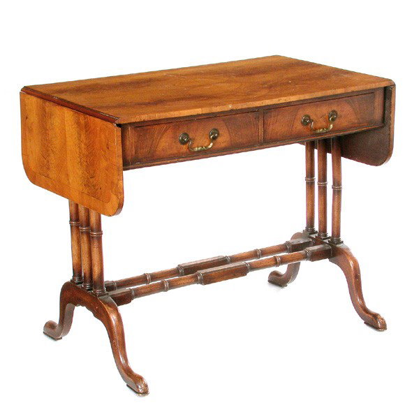 Late 19th/Early 20th C. Drop Leaf Work Table: TABLE. Late 19th/early 20th c. drop leaf work table, two drawers over turned supports and cabriole leg base, 29 1/2"h x 36"w x 22"d, open 56"w. In very good condition.