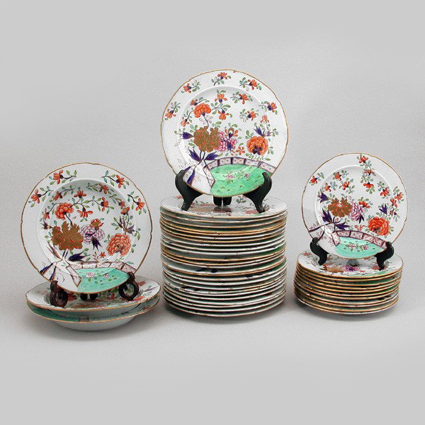 Set of Mason's Ironstone Porcelain: PORCELAIN. Lot of Mason's Ironstone porcelain, includes 12 salad plates (8"W), 26 dinner plates (9 1/2"W), 3 soup bowls (9 1/2"W). The set is in good condition with a small chip to one soup bowl. Some
