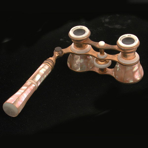 Julius F. Lange Mother of Pearl Opera Glasses: OPERA GLASSES. Julius F. Lange mother of pearl opera glasses, marked with maker's mark and San Francisco. In very good condition, a very small section of oxidation to brass.