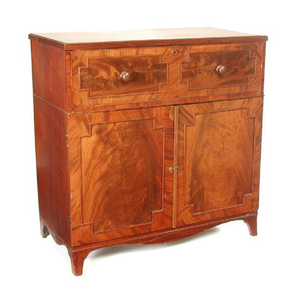 Butler's Chest / Flat Folio Files: CHEST. Butler's chest, the top drawer folding into a desk and revealing interior compartments, the lower section double doors opening to reveal four flat file drawers, 42 3/4"h x 42 1/2"w x 21"d. In g
