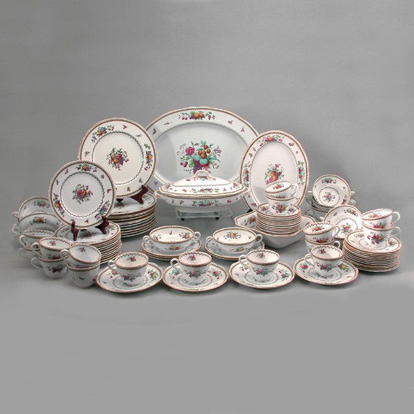 Spode Rockingham Bone China Table Service: TABLE SERVICE. Spode bone china table service for 12 in the Rockingham patter, comprising 12 dinner plates, 12 salad plates, 16 teacups with 13 saucers, 12 consommes with 12 underplates, 10 bread plat