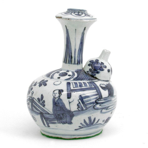 Chinese Ming Era Wan Li Porcelain Kendi: KENDI. Chinese Ming dynasty era Wan Li period blue and white porcelain kendi, decorated with figure in a riverscape, 8 1/4"h. In very good condition.