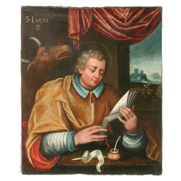 16th/17th C. Continental School Painting, St. Luke: PAINTING. 16th/17th c. Continental School, San Lucas (St. Luke), the saintly figure depicting working at a desk with the ox behind him, signed indistinctly lower right, 22 5/8"h x 19"w. In good condit