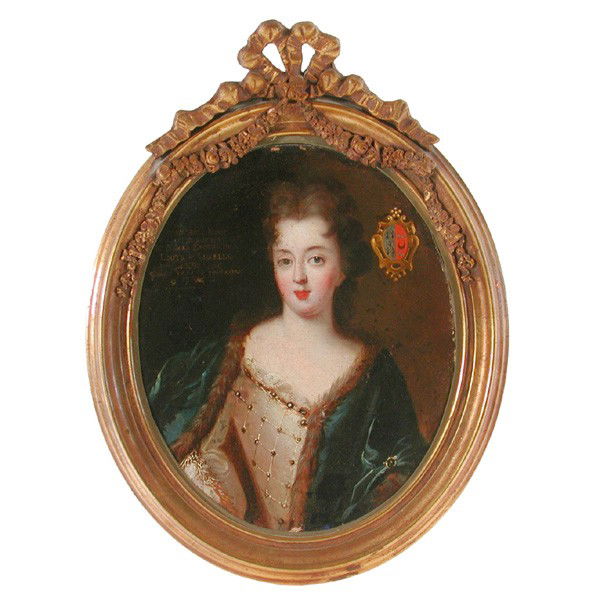18th C French Portrait of a Noblewoman: PAINTING. 18th c French portrait of a noblewoman, text painted in the painting translating to: 'Madame Anne Marie, eminence of Aubery...wife of Louys-Charles...Lord of...17--', with a family crest to
