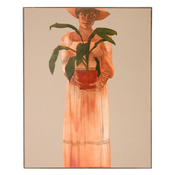 Mary Sims Painting, Woman Holding a Potted Plant: PAINTING. Mary Sims (American, 1940-2004), portrait of a woman holding a potted plant, unsigned, oil on canvas, 54"h x 42"w. In very good condition.