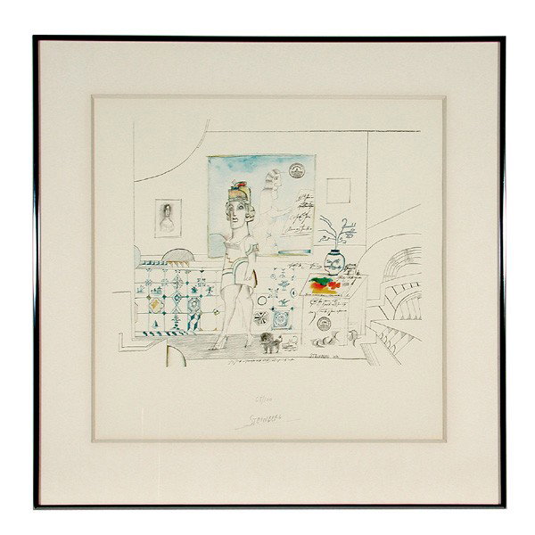 Saul Steinberg Color Lithograph, Portrait 1970: COLOR LITHOGRAPH. Saul Steinberg (American, 1914-1999), 'Portrait of R', dated 1970, pencil signed and numbered 68/100, 17 1/4"h x 17 1/2"w viewed. In very good condition, professionally framed, not e