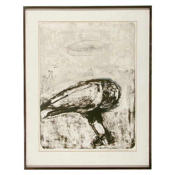 Modern Lithograph, Crow, 1955: LITHOGRAPH. Modern print, Crow, signed indistinctly and dated 1955 lower right in margin, lithograph, plate size 25 1/4"h x 19"w, 25 3/4"h x 19 1/4" viewed. In very good condition, not examined out of