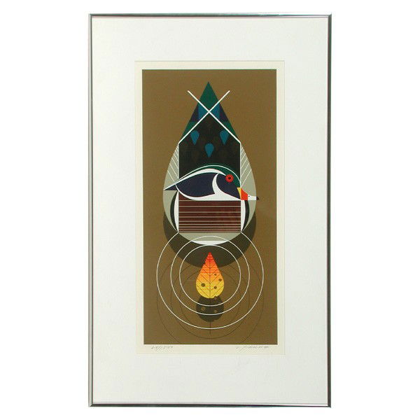 Charley Harper Serigraph, Wood Duck: SERIGRAPH. Charley Harper (American, 1922-2007), Wood Duck, pencil signed and numbered 24/1500, serigraph, image size 18 1/4"h x 9"w; together with a folio size interview with Harper, published by the