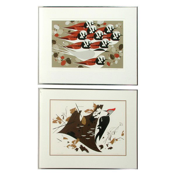 2 Charley Harper Serigraphs, Tern and Woodpecker: SERIGRAPHS. Two prints by Charley Harper (American, 1922-2007) including 'Tern, Stones and Turnstones' pencil signed and numbered 18/1500, serigraph, image size 12"h x 18"w; and 'Pileated Woodpecker'