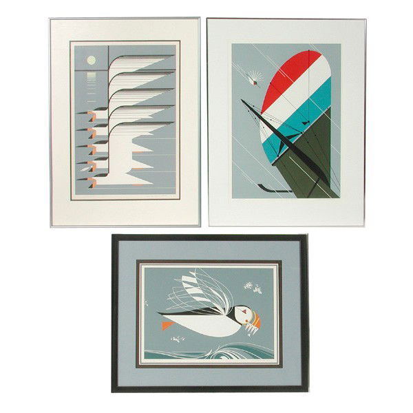 3 Charley Harper Serigraphs, Fearless Feathers: SERIGRAPHS. Three works by Charley Harper (American, 1922-2007), 'Fearless Feathers', a moonlit avian design, and a puffin image, all pencil signed and numbered, serigraphs.the largest image size 22 1