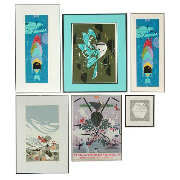 6 Charlie Harper Serigraphs, Piscine Queens, et al: SERIGRAPH. Six works by Charley Harper (American, 1922-2007), including 'Piscine Queens' (2), 'Twols', 'Crabitat', a poster for The Conservancy, Naples, Florida, and an untitled work, all serigraphs.