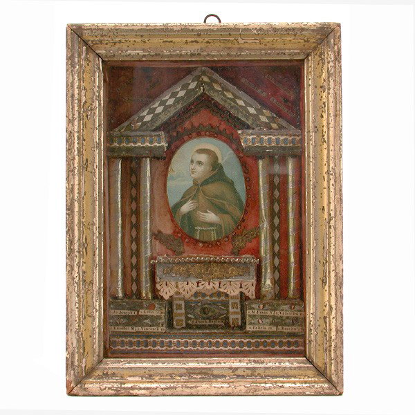 Small Framed Saint Pascal Baylon Altar Piece: ALTAR PIECE. Antique gilt and polychrome decorated altar piece dedicated to Saint Paschal Baylon, featured in the center, the small altar housed in a gilt accented wood and glass frame, 8"h x 5 7/8"w.