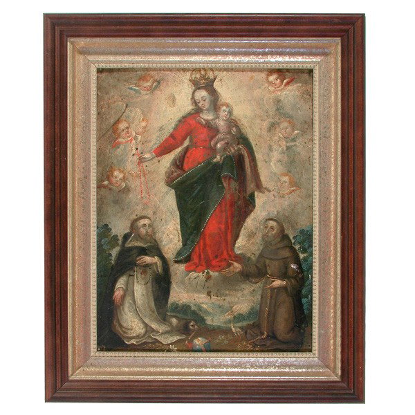 18th C. Continental Retablo, Virgin Mary and Jesus: RETABLO. 18th c. Continental School retablo, depicting the Virgin Mary with the baby Jesus, flanked by angels and figures, 10 1/2"h x 8"w. In good condition with very minor pigment losses, splatter.