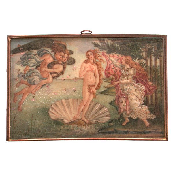 Paola Andreini, Boticelli Birth of Venus on Ivory: PAINTING ON IVORY. Paolo Andreini (Italian), Boticelli's Birth of Venus, signed lower left, with paper labels verso, 4"h x 6"w. In very good condition.