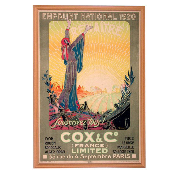 Cox & Co Original French WWI War Bonds Poster: WWI POSTER. French 1920 advertisement for WWI war bonds and Cox & Co., 'Hazan' signed lower right of image, printed in Paris, Office d'Editions d'Art, 47"h x 30 3/4"w. In very good condition, professi