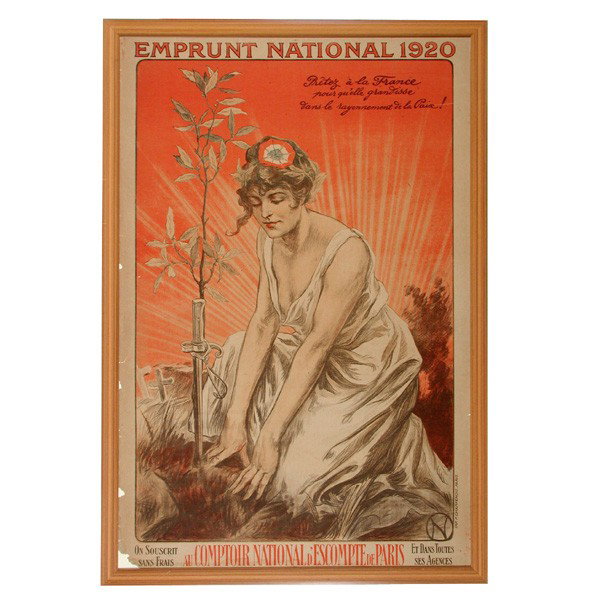 Champenois Original French WWI War Bonds Poster: WWI POSTER. Emprunt National 1920 French war bonds advertisement, 'Au Comptoir National d'Escompte de Paris', depicting a maiden kneeling at a grave, signed with artist's monogram 'N' in circle lower 