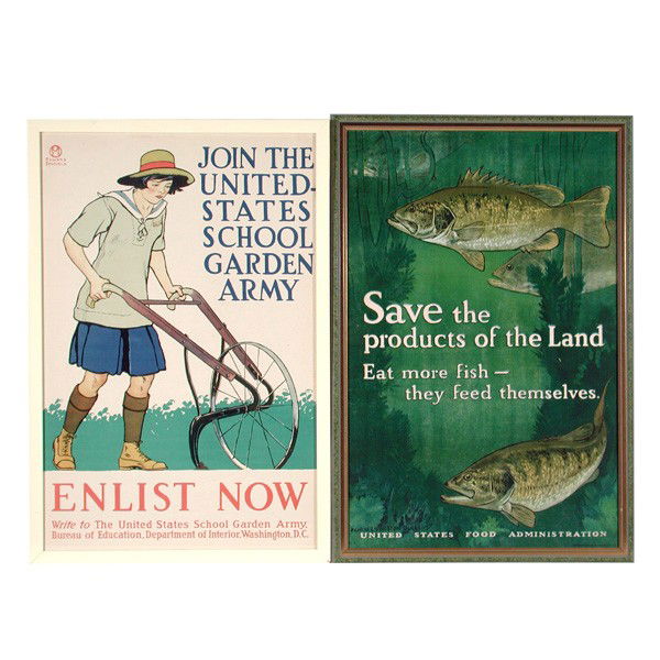 United States Food Admin, Edward Penfield Posters: POSTERS. Two posters, including a Charles Livingston Bull (American, 1874-1932) United States Food Administration advertisement: "Save the products of the Land. Eat more fish - they feed themselves",
