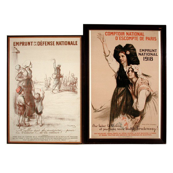 Poulbot and Leroux, Original French WWI Posters: WWI POSTERS. Two war posters including a Francisque Poulbot (French, 1879-1946) 'Emprunt de la Defense Nationale' advertisement, signed and dated 1915 lower right, printed by Devambez, Paris, an origi
