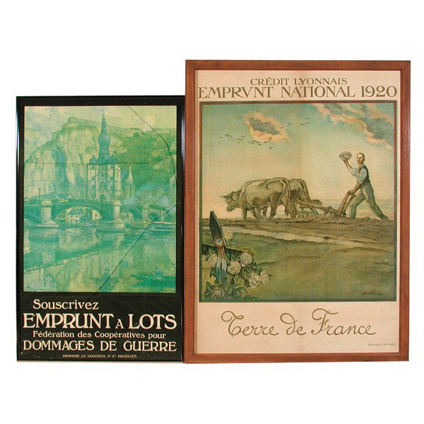 Jules Abel Faivre, Original French WWI Posters: WWI POSTERS. Two war posters including a Jules Abel Faivre (French, 1867-1945) Credit Lyonnais Emprunt National 1920 advertisement titled "Terre de France", agricultural theme, signed Abel Faivre lowe