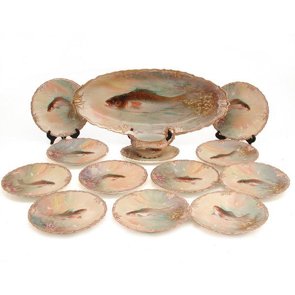 Limoges Hand Painted Fish Set, Signed Dubois: FISH SET, Limoges hand painted fish set including ten 9 1/2" plates, a 24" platter and sauce boat with underplate, artist signed "Dubois", marked on base "B&H Limoges, France", good condition with min