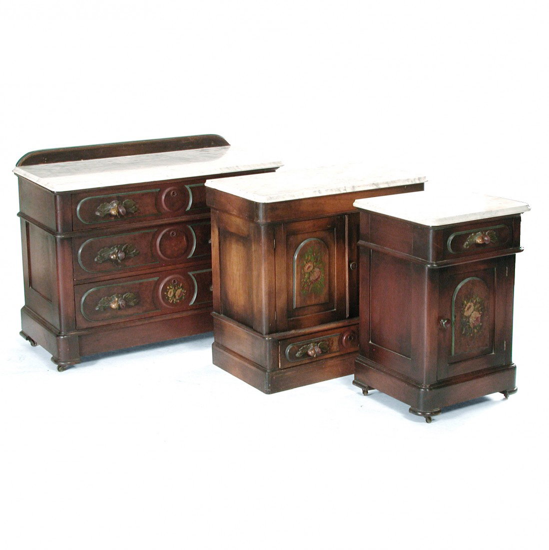 Victorian walnut 3 piece bedroom set, marble top, 1: BEDROOM SET. Victorian walnut 3 piece bedroom set, original finish, all with marble tops, floral decorated, 19th c. 3 drawer dresser 34"h x 42"w x 20 1/2"d; commode 30 3/4"h x 32"w x 18"d (old repair 