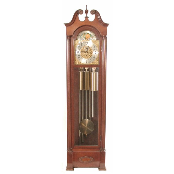 Hershede Tall Clock with moon phase dial: TALL CLOCK. A good Hershede tall case clock, 1953, #571469, mahogany case with 5 tube chimes, moon phase dial, 3 weights and running. Very good condition. 80"h x 21"w x 12 1/2"d.