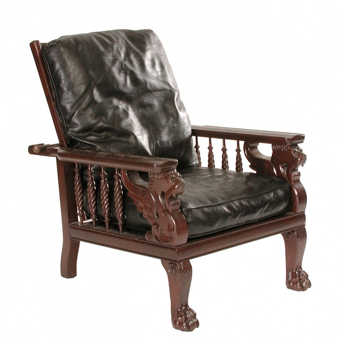 American Winged Griffin Morris Chair, 19th c.: CHAIR. American Winged Griffin Mahogany Morris Chair, 19th c., adjustable, with leather cushions. Very good condition. 35"h x 28"w x 36"d