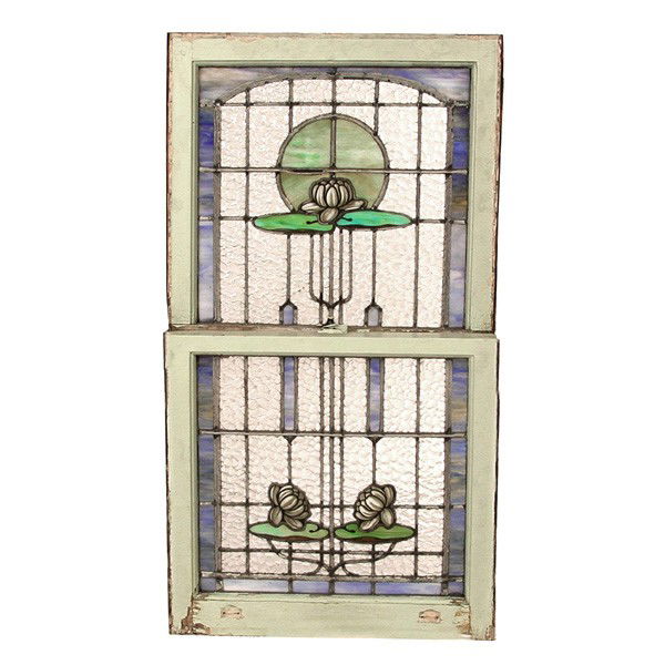 Stained Glass Window, Art Nouveau, double hung: STAINED GLASS. Stained Glass Window, Art Nouveau flowers, double hung. 52" tall x 27 1/2" wide including frame, very good condition.