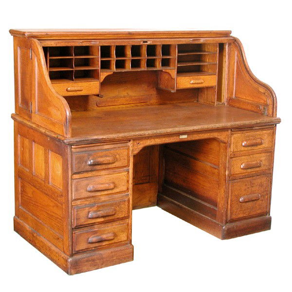 Oak Roll Top Desk, wing sides: DESK. Large oak roll top desk, outfitted with many compartments and wing sides, 51 1/4"h x 60"w x 33 1/4"d. In very good condition.