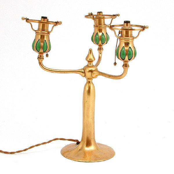 Tiffany Gold Dore Candelabra, Electrified: CANDELABRA. Louis Comfort Tiffany Gold Dore Candelabra, with green blown glass candle holders, studio electrified, marked on base "Tiffany Studios New York 1252", 14 1/2"tall x 12" deep, very good con